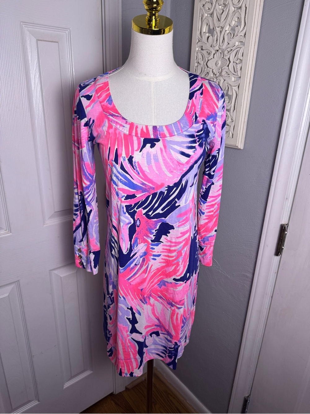 🌸 Lilly Pulitzer Merrit Dress Paradise Point True Blue Pink Pima Cotton XS - Picture 3 of 11